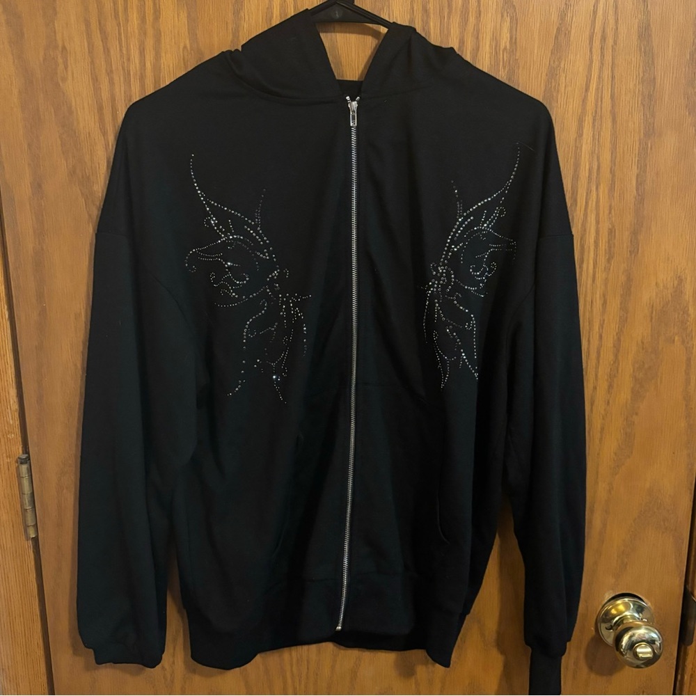 black rhinestone zip up hoodie